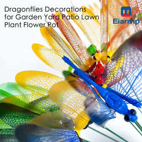 Eiarrnp 3D Dragonfly Stake beside a flower pot for outdoor decor