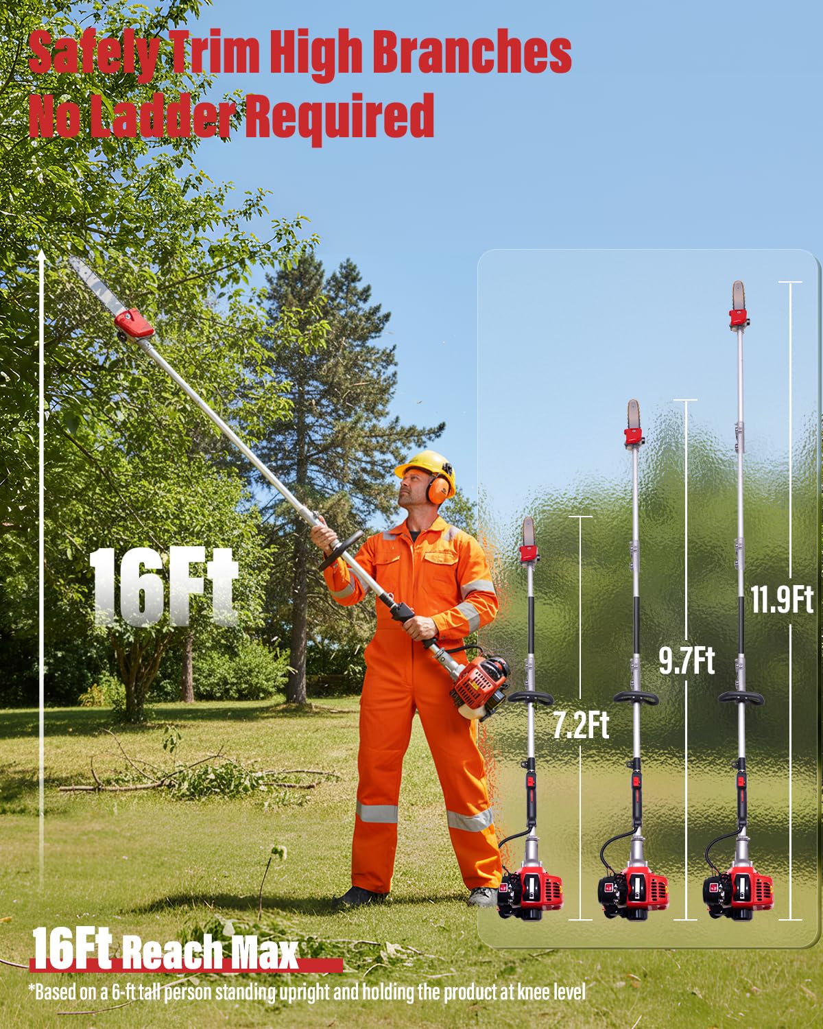 EIDOWA 48CC gas-powered pole saw provides powerful vertical pruning.