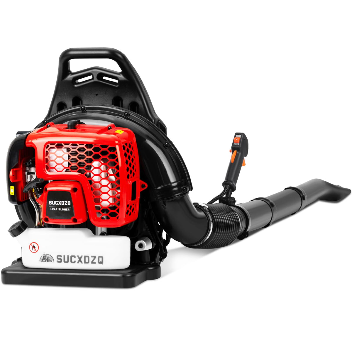 EIDOWA 63CC gas backpack blower front view with ergonomic harness for long, comfortable use.