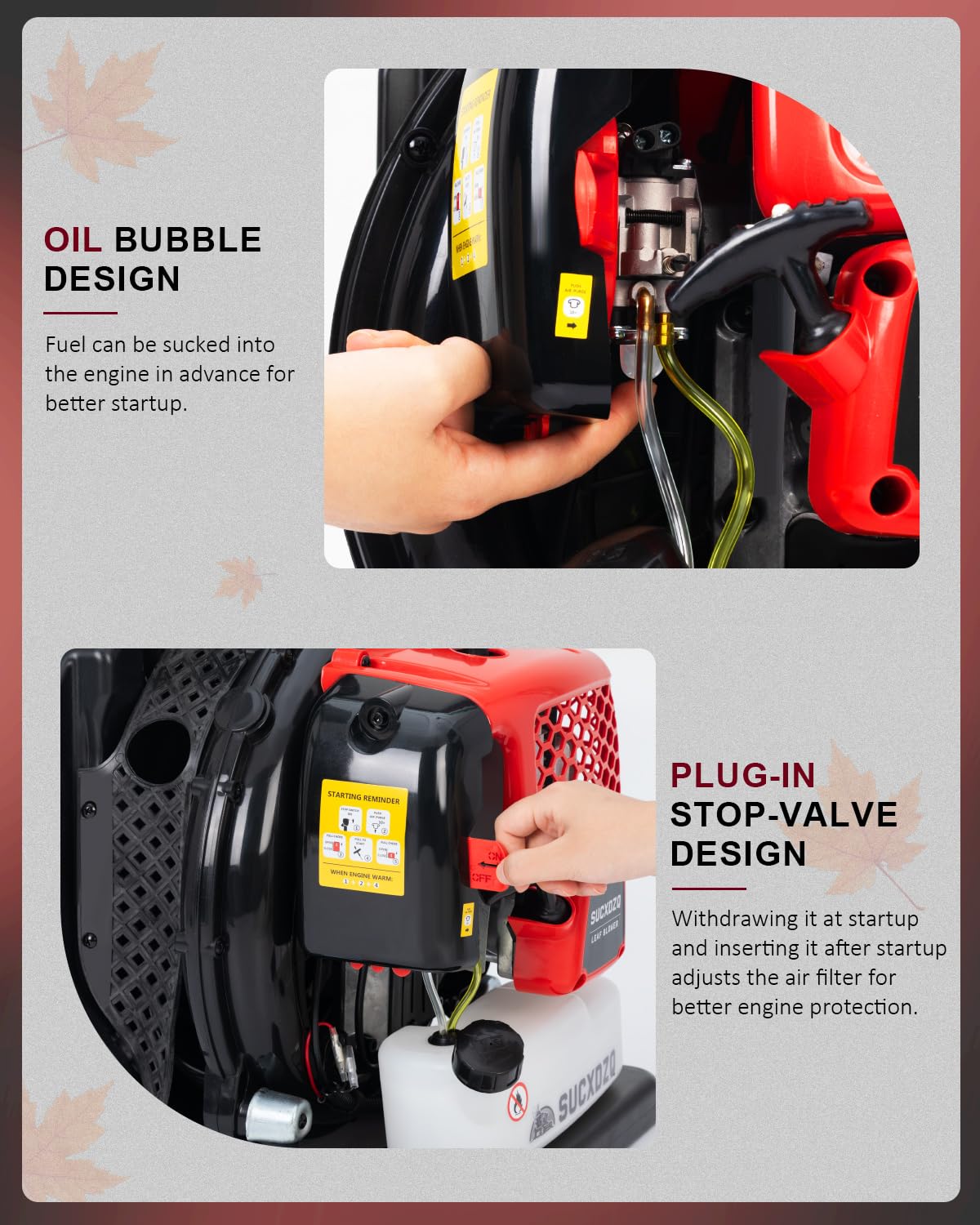 EIDOWA durable nozzle and reinforced fuel hose withstand tough yard tasks.