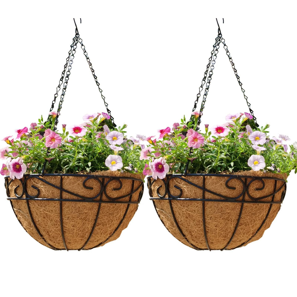 EIMQUVW outdoor hanging planter with coco liner, 12-inch diameter for generous plant display.