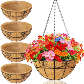 EINYEXW four-pack metal hanging baskets with decorative scrollwork for porch plants