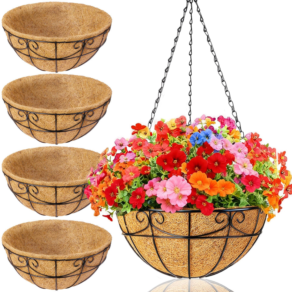 EINYEXW four-pack metal hanging baskets with decorative scrollwork for porch plants