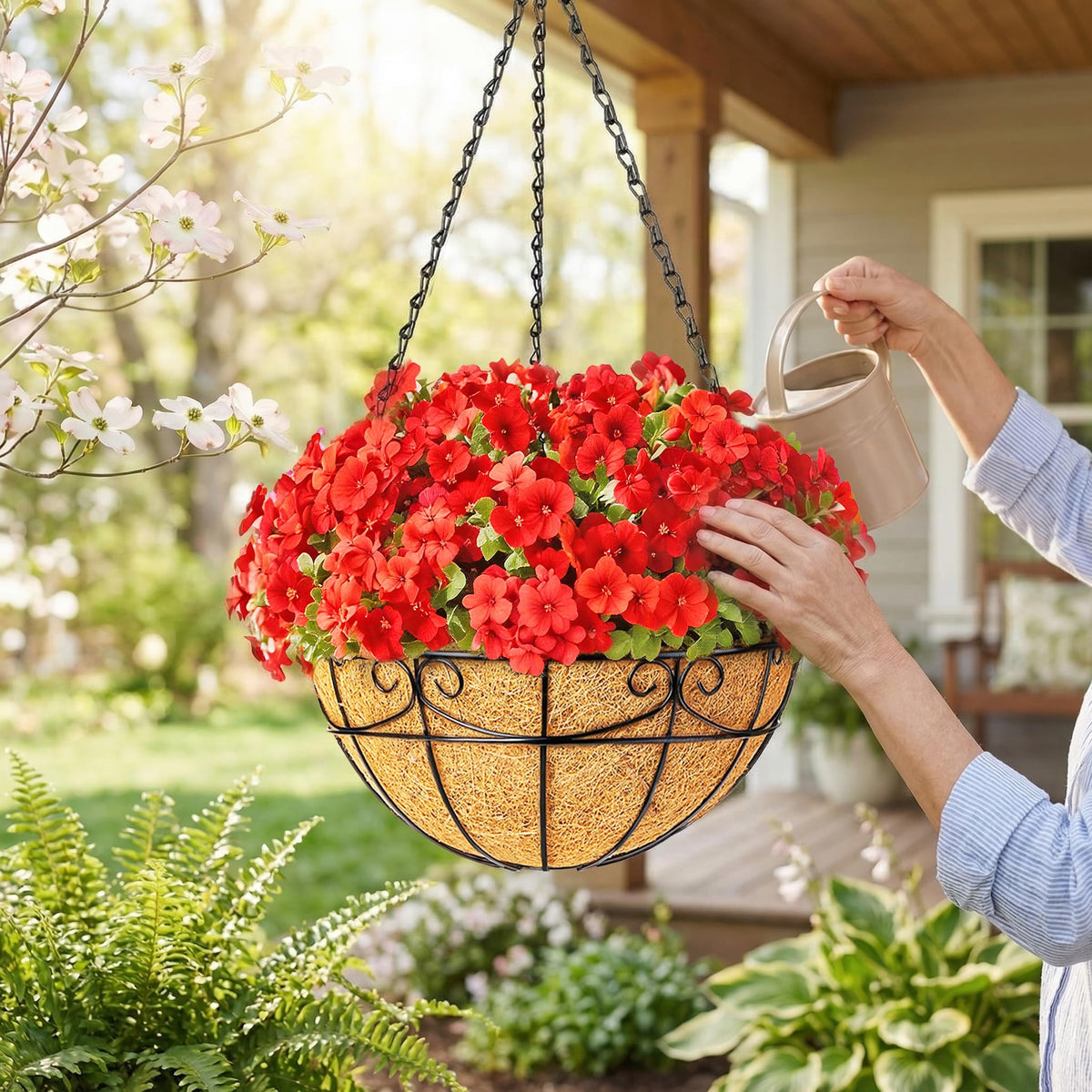 Closeup of coco liner inside EINYEXW hanging basket for moisture retention