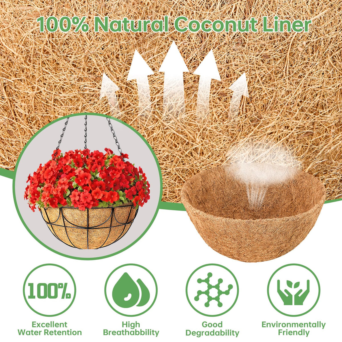 EINYEXW natural coconut fiber liner close-up shows durable, eco-friendly material.