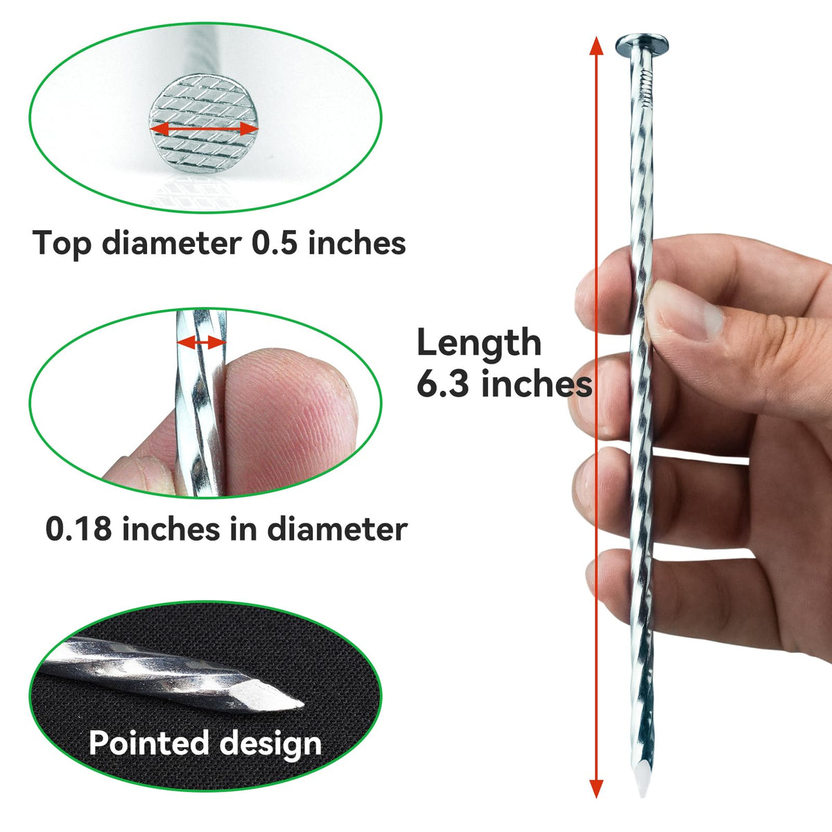 EISENSP spiral stake side profile demonstrates rugged galvanized steel for outdoor durability.
