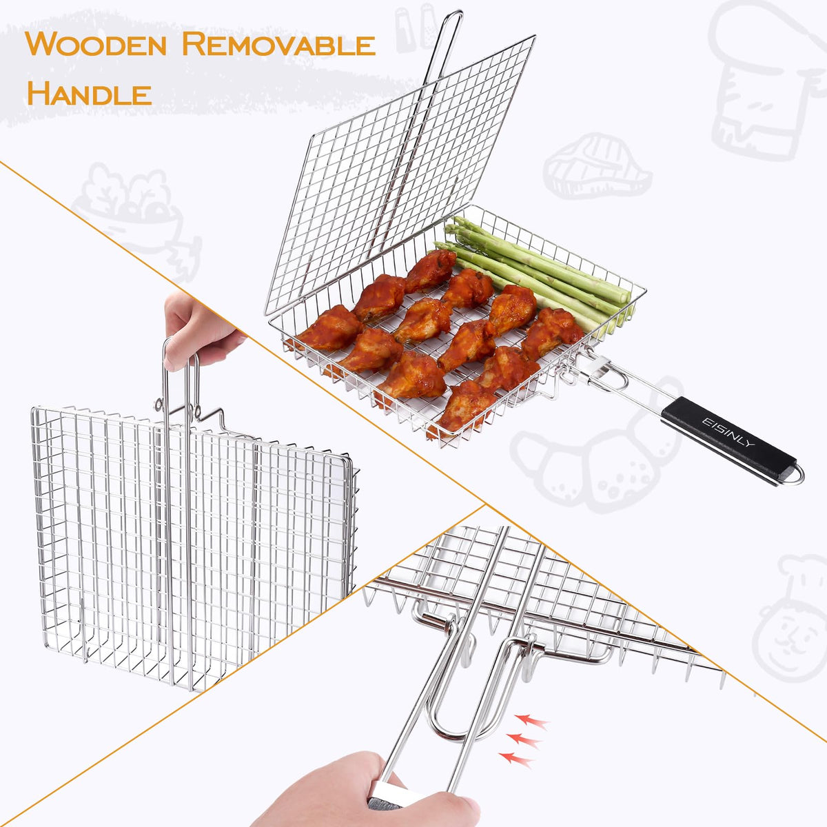 EISINLY detachable wooden handle attached for easy transport and storage