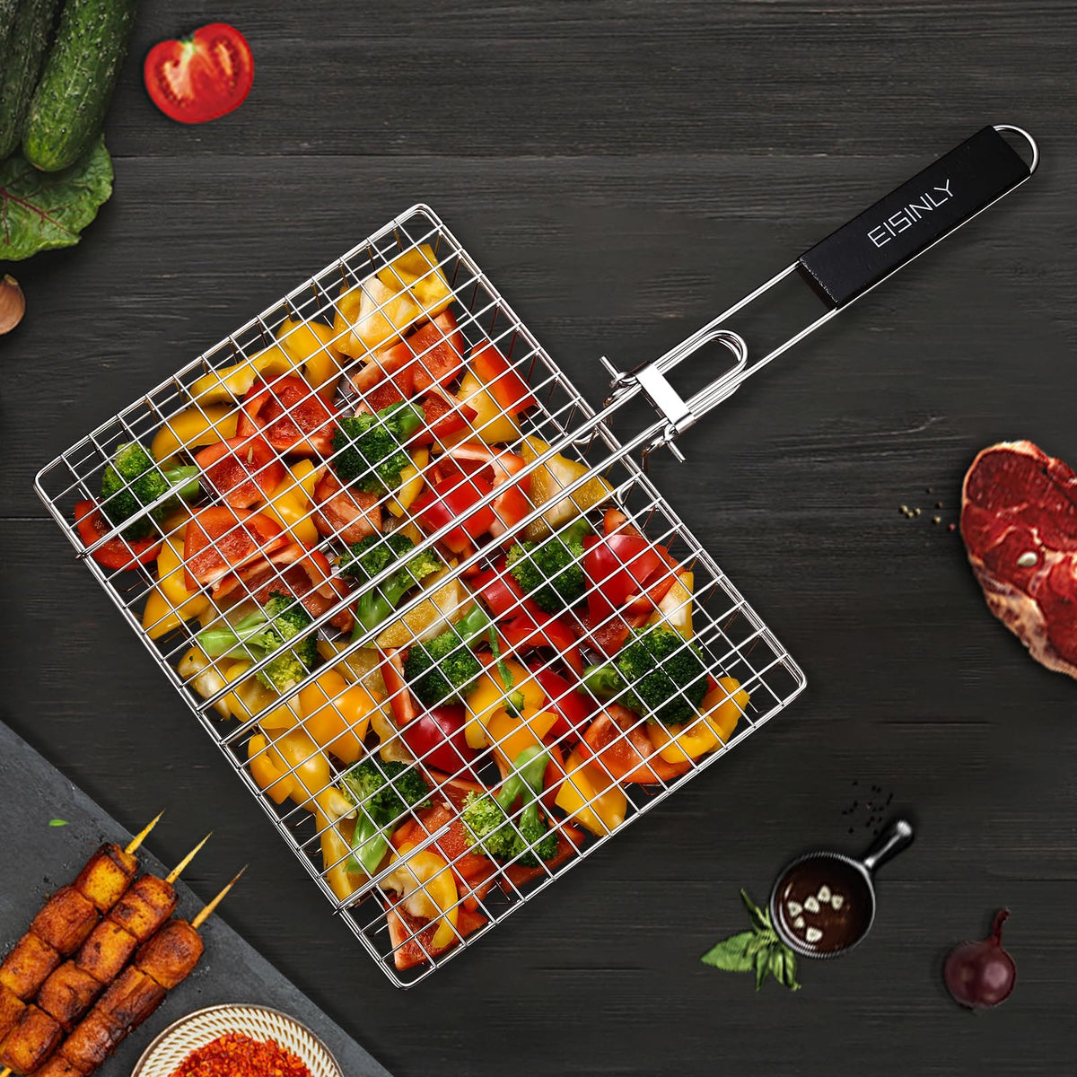 EISINLY grill accessory set including basket, brush, skewers, and storage bag for easy outdoor cooking