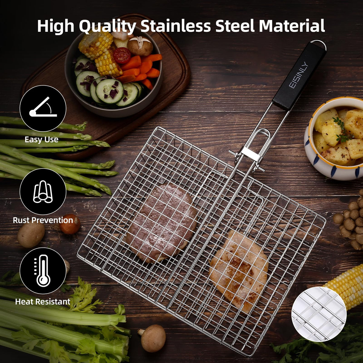 EISINLY grill basket with removable wooden handle for compact storage