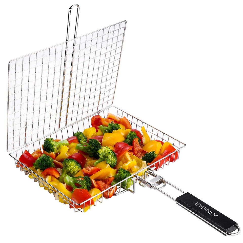 EISINLY portable grill basket on outdoor grill for even cooking of veggies and meat
