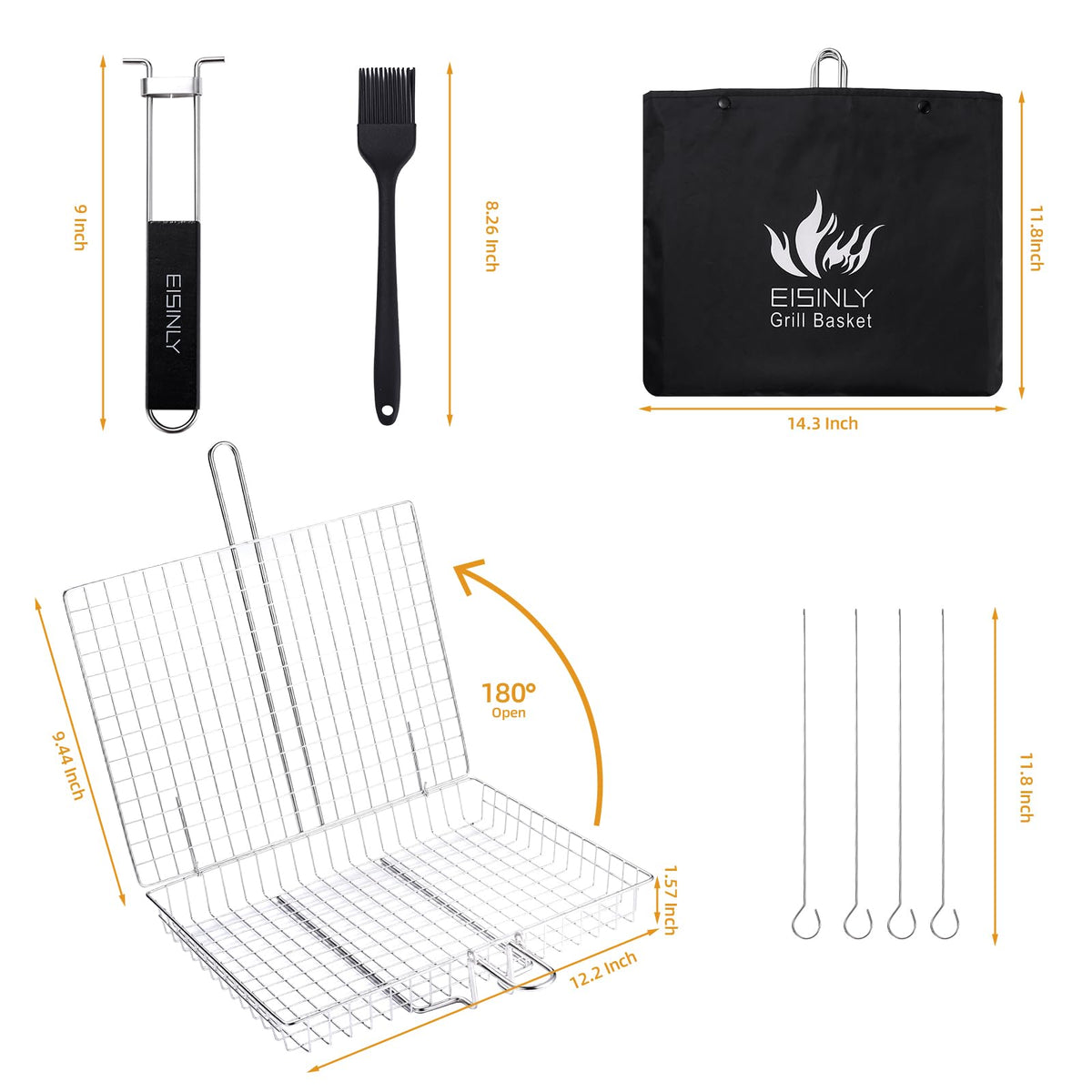 EISINLY stainless steel grill basket with tight mesh that prevents food from slipping