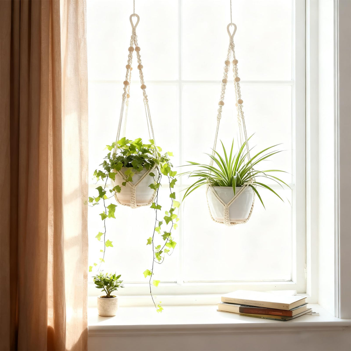Hanging planter holder suitable for indoor and outdoor spaces.