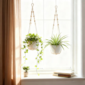 Hanging planter holder suitable for indoor and outdoor spaces.