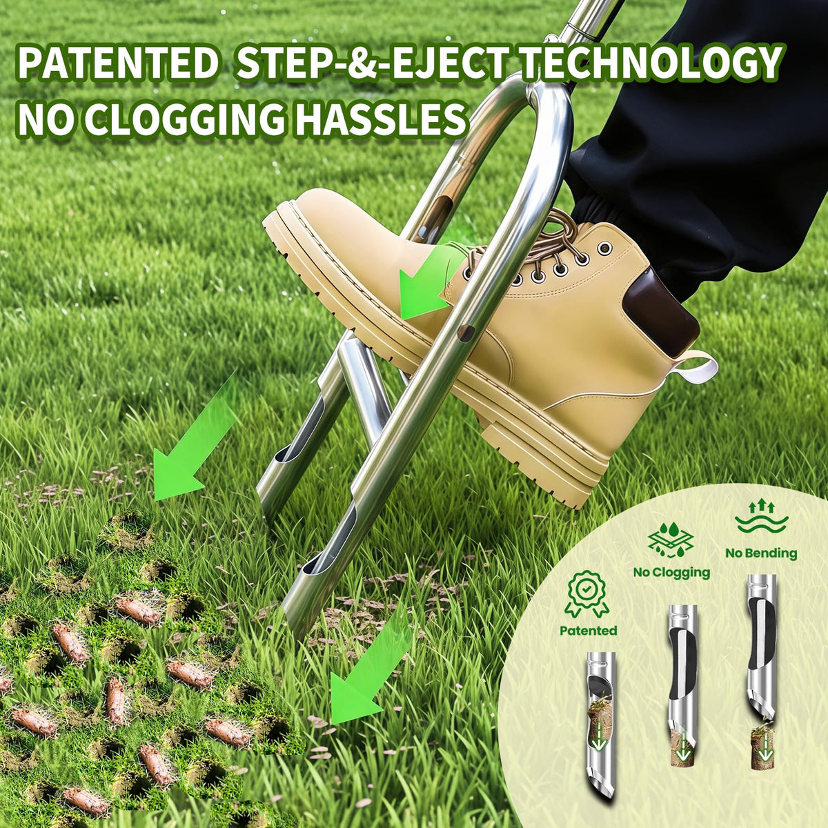 EKIORI core aeration action shows soil plugs removed for penetration