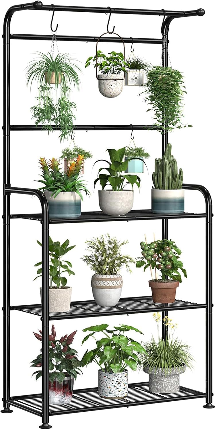 Ekisemio plant stand outdoors with hooks displaying hanging planters on patio