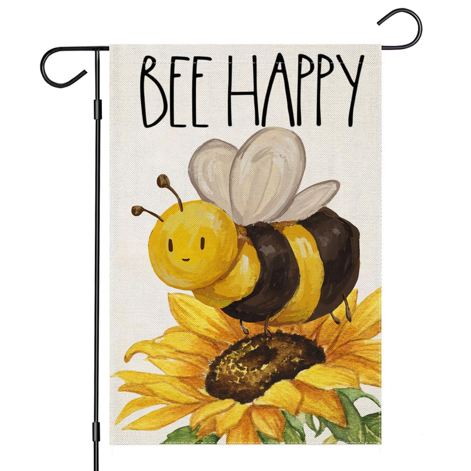 EKOREST Bee Happy garden flag with sunflowers seen from the front for curb appeal