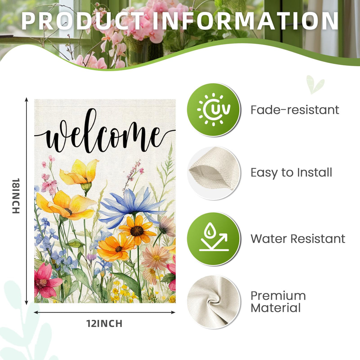 EKOREST Burlap garden flag, close-up detail, durable stitching for outdoor use.