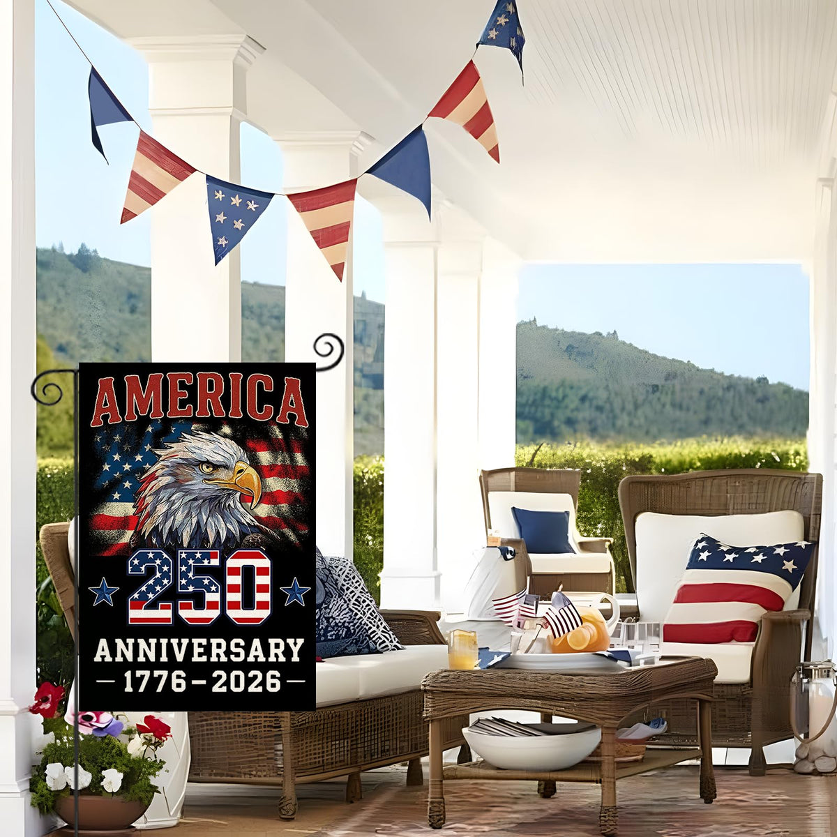 EKOREST double-sided bald eagle design flag adds bright color to porch.
