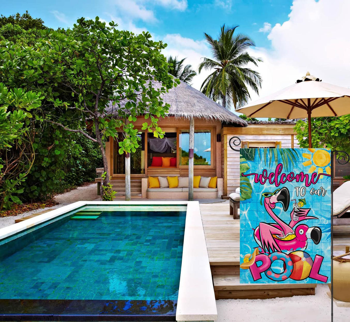 EKOREST double-sided flamingo pool flag keeps both sides visible.