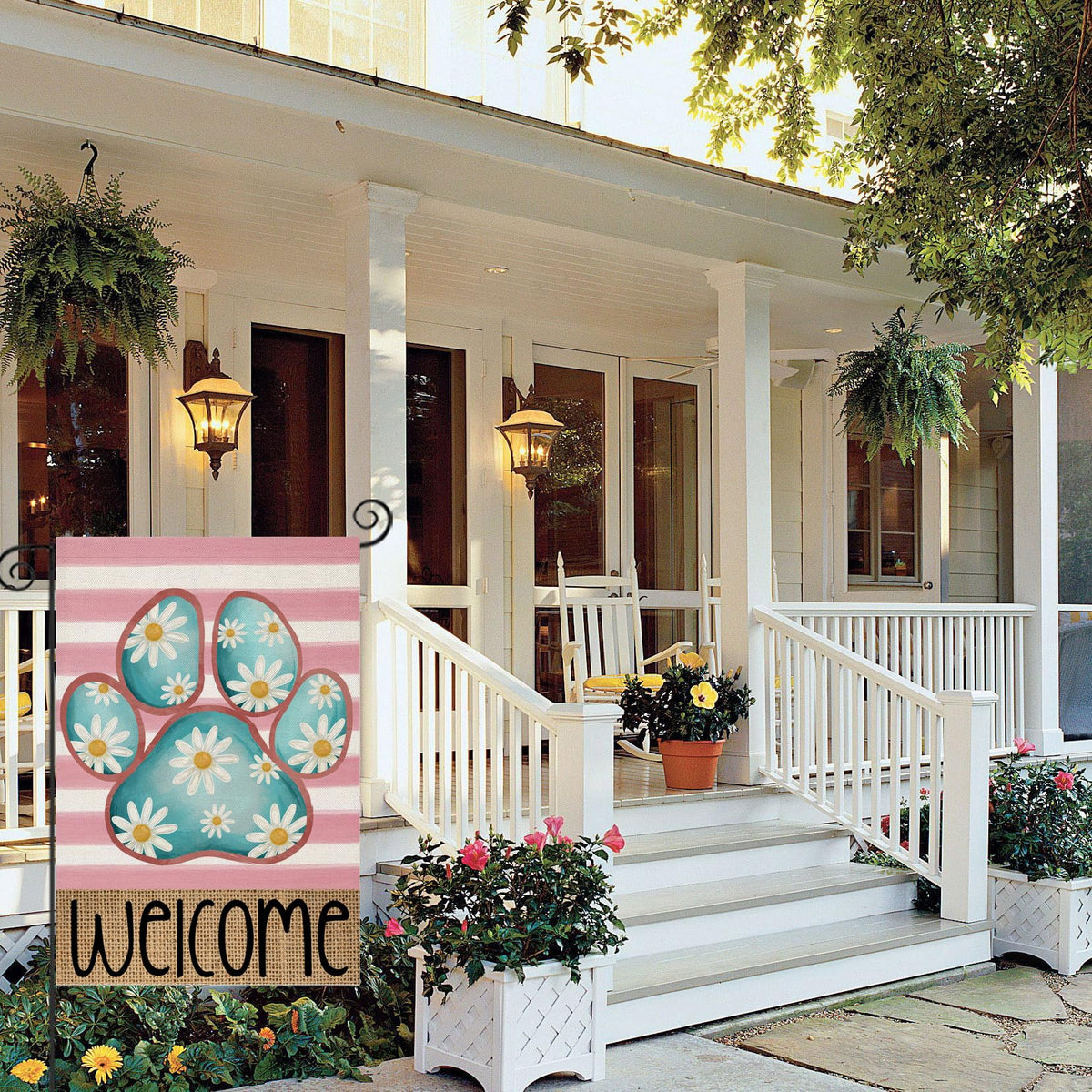 EKOREST double-sided flag featuring watercolor dog paw stripes, ideal for seasonal yard decor.