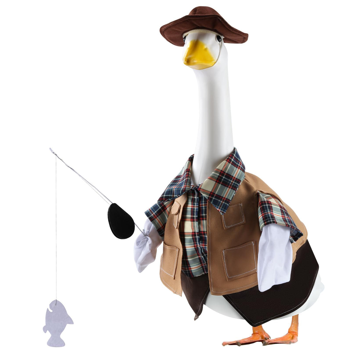 EKOREST fishing porch goose outfit with brown hat adds whimsy to outdoor decor.
