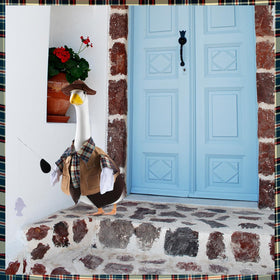 EKOREST fishing porch goose outfit with fishing rod creates a playful yard scene.