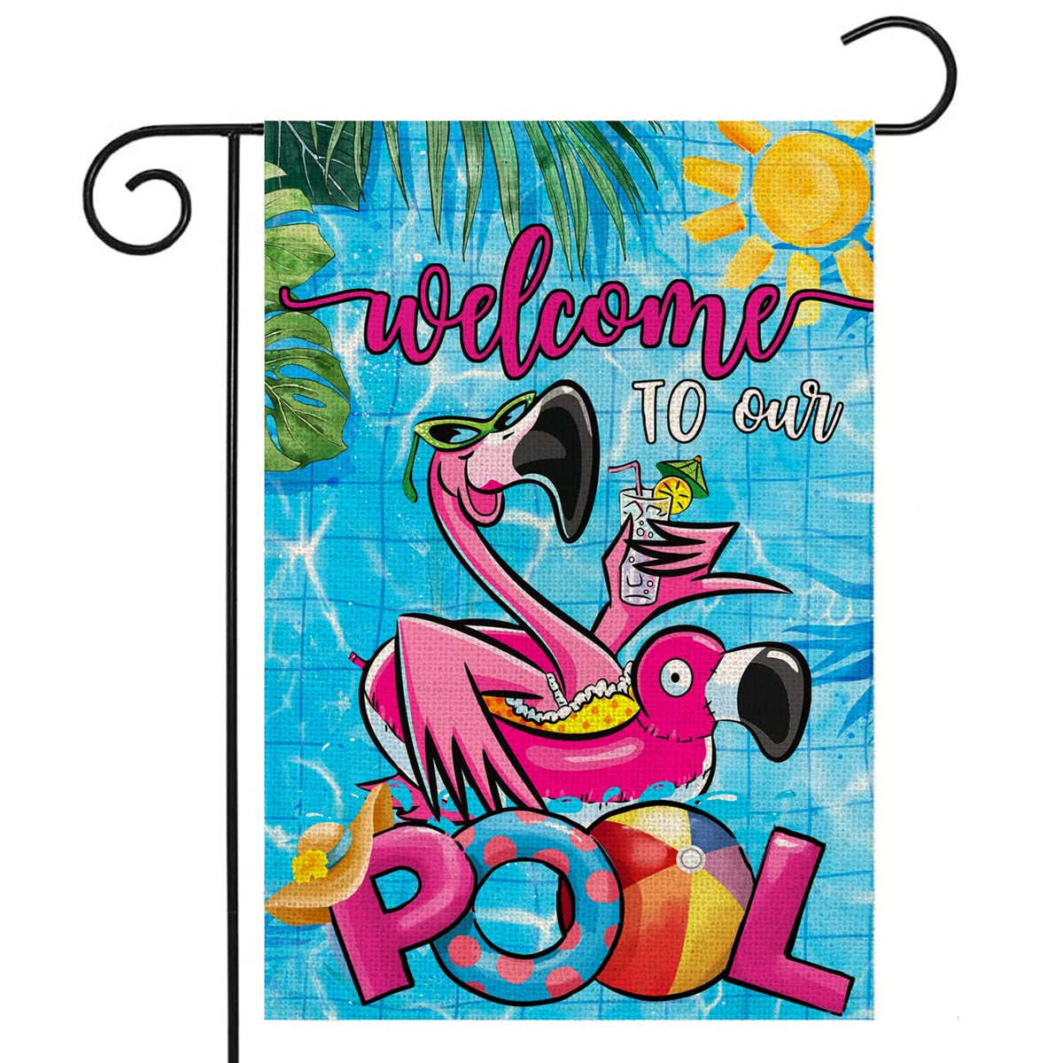 EKOREST flamingo welcome pool flag greets guests at the outdoor pool.