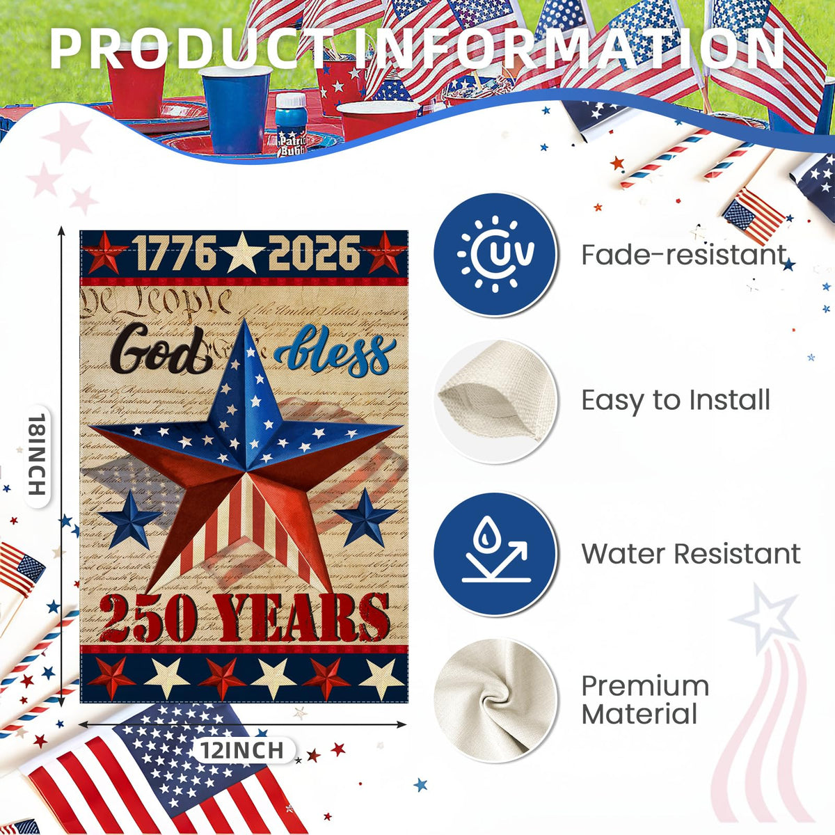 EKOREST commemorative 1776-2026 banner enhances outdoor patriotic ambiance.