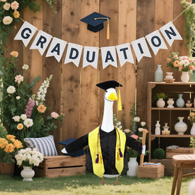 EKOREST grad hat and stole adorn the goose for playful garden celebrations