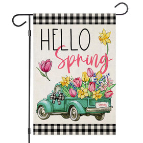 EKOREST Hello Spring garden flag with buffalo plaid truck and tulips, ideal for curb appeal.