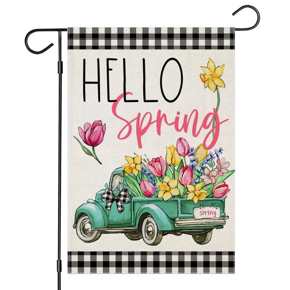 EKOREST Hello Spring garden flag with buffalo plaid truck and tulips, ideal for curb appeal.