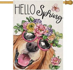 EKOREST Hello Spring flag with dog and flowers hat, adds cheerful outdoor curb appeal.