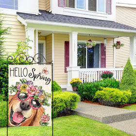 EKOREST Hello Spring flag brightens a porch with vivid seasonal colors.
