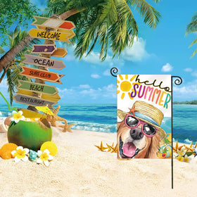 EKOREST Hello Summer flag shows dog with beach hat, perfect for porch decor.