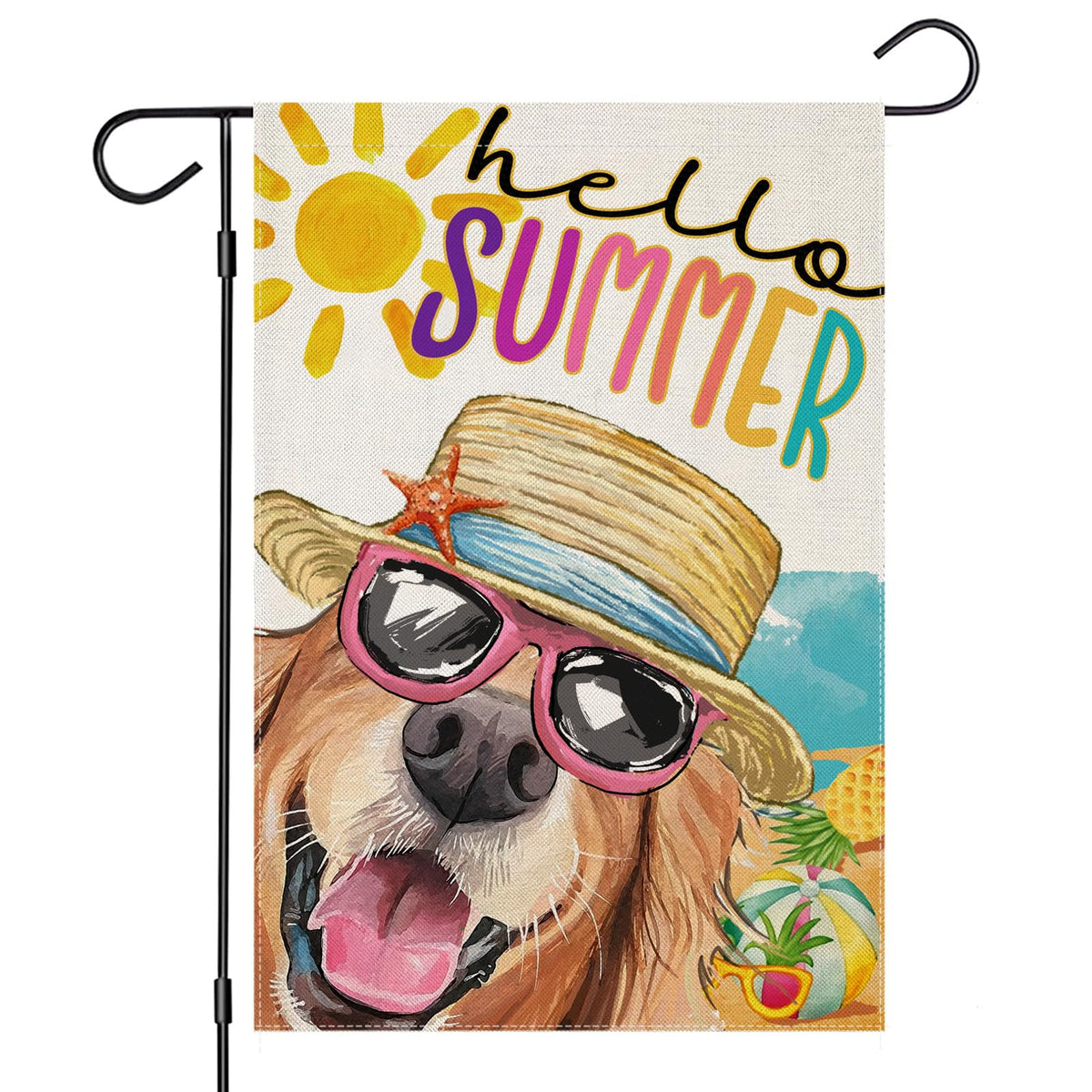 EKOREST Hello Summer flag with dog wearing sunglasses adds cheerful outdoor charm to patios.