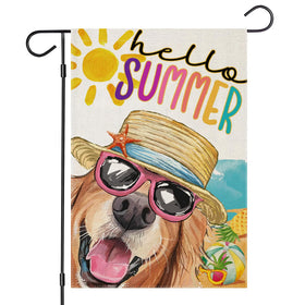 EKOREST Hello Summer flag with dog wearing sunglasses adds cheerful outdoor charm to patios.