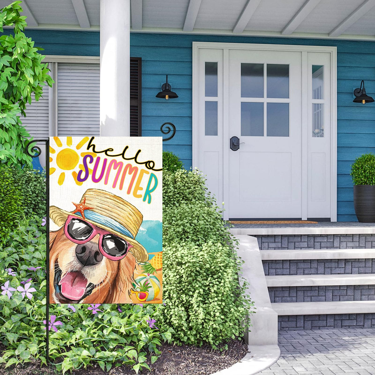 EKOREST Hello Summer flag is durable, UV-resistant yard decor for sunny days.