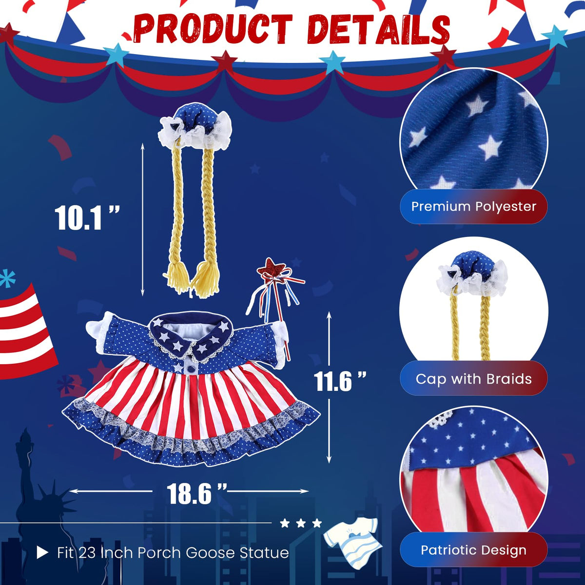 EKOREST outdoor goose clothing ready-to-display includes patriotic skirt and cap.