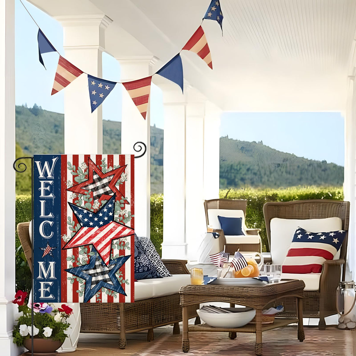 EKOREST patriotic stars and stripes flag boosts seasonal curb appeal on porches and lawns.