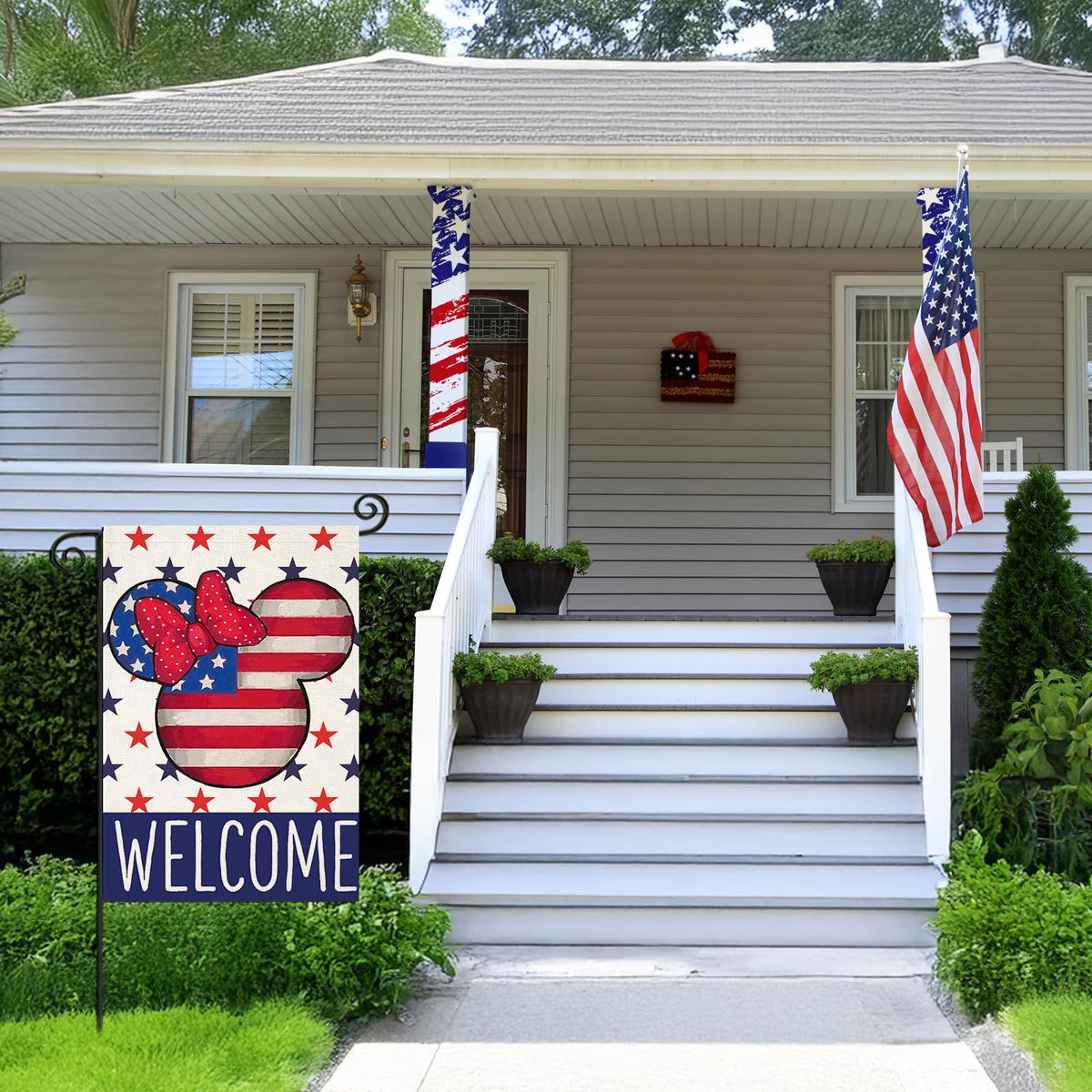 EKOREST Patriotic flag with stars for yard decor, seasonal charm.