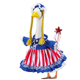 EKOREST porch goose outfit with 4th July skirt adds festive curb appeal.