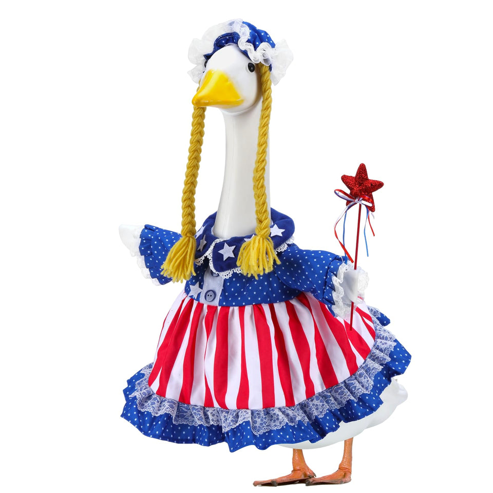 EKOREST porch goose outfit with 4th July skirt adds festive curb appeal.