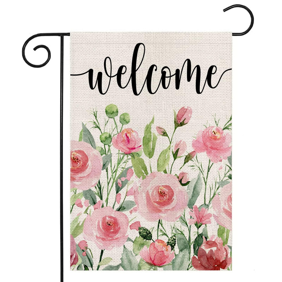 EKOREST summer garden flag with watercolor roses greets guests outdoors