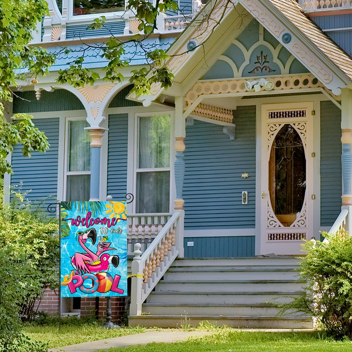EKOREST vibrant flamingo pool flag colors brighten porches and decks.