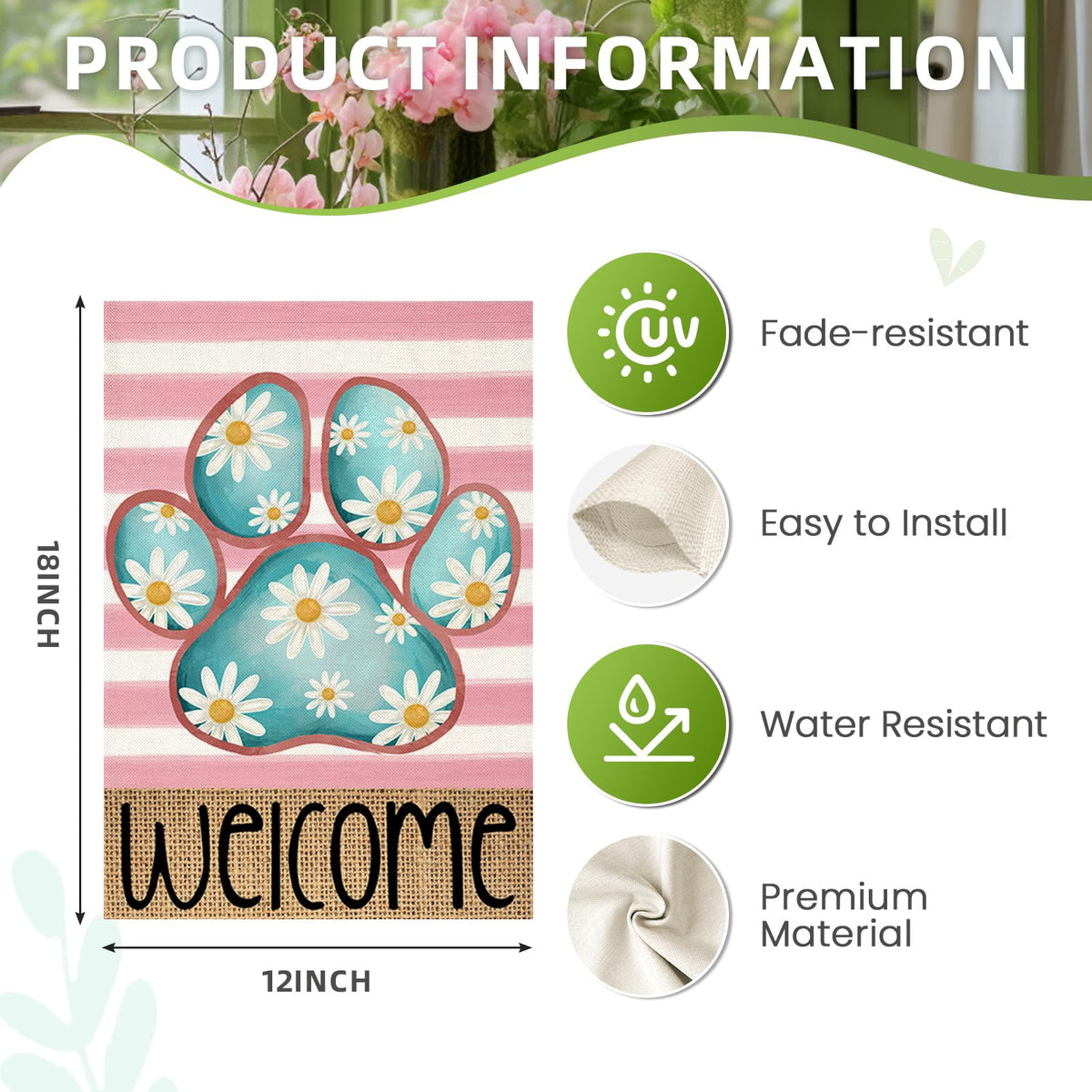 EKOREST watercolor dog paw flag with floral stripes for bright outdoor display.