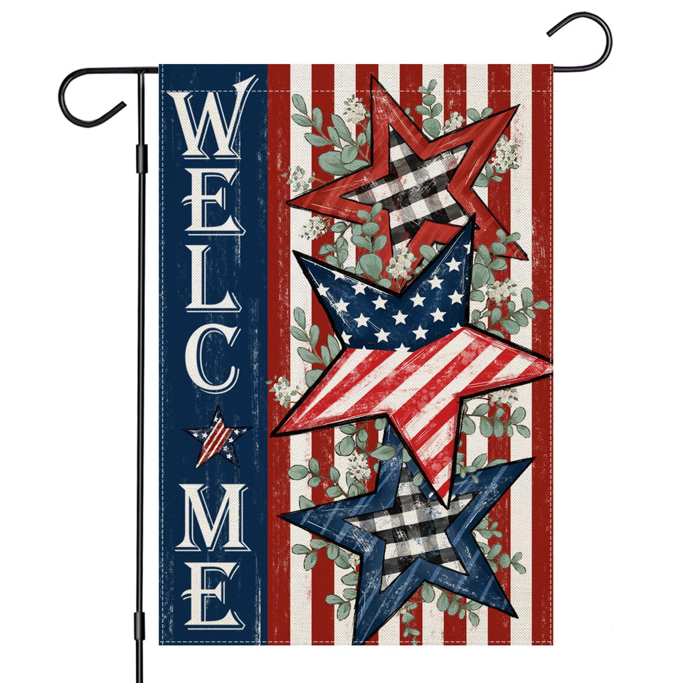 EKOREST Welcome 4th of July garden flag with dual-sided stars and stripes for outdoor yard charm.