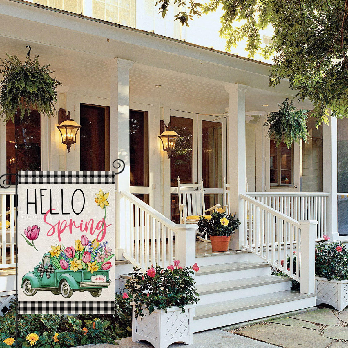 EKOREST Welcome Spring garden flag with tulips and buffalo plaid truck enhances outdoor decor.