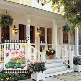 EKOREST Welcome Spring garden flag with tulips and buffalo plaid truck enhances outdoor decor.