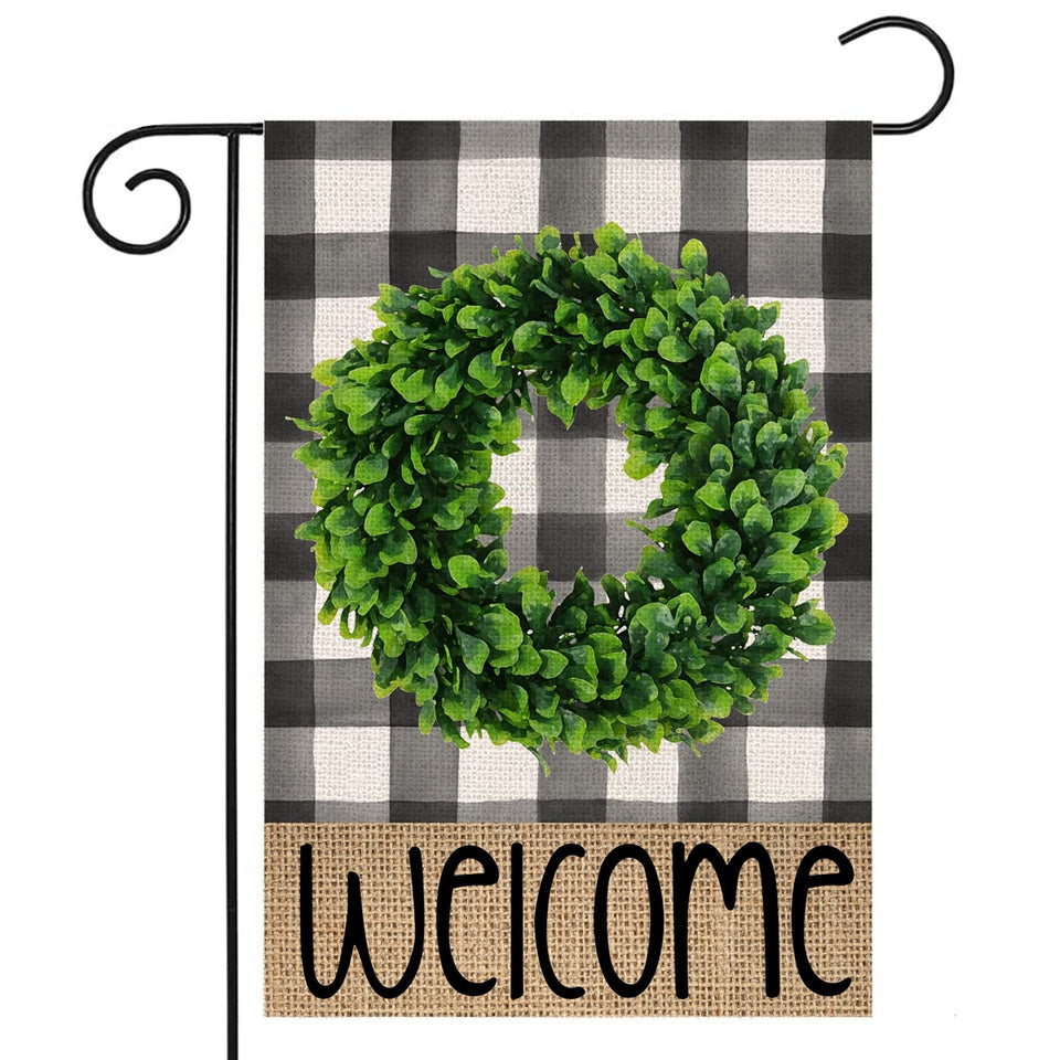 EKOREST Welcome Summer flag with buffalo plaid boxwood wreath, ideal for front porch