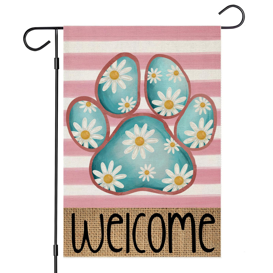 EKOREST Welcome Summer flag with dog paw and daisies for outdoor curb appeal.